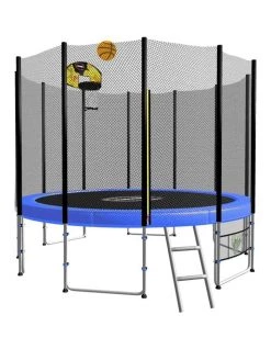 Coupon 😍 Kahuna 8ft Round Trampoline with Safety Net, Ladder and 🏀 Basketball Set Blue 🛒